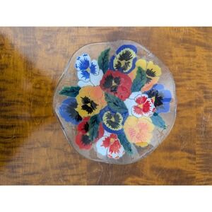 Vintage Peggy Karr Fused Art Glass Pansies Floral Bowl Dish Signed 8 inches